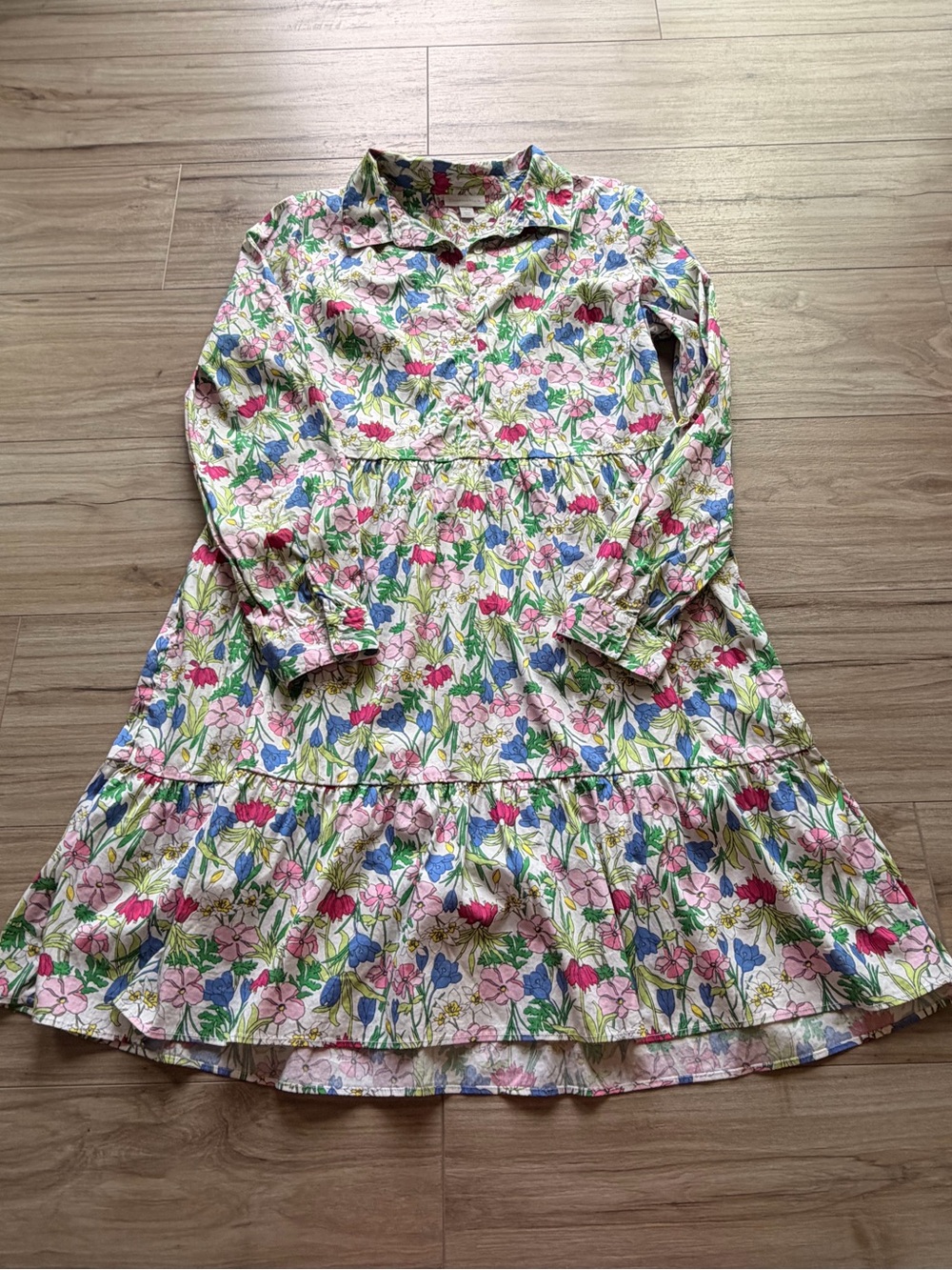 Charter Club Floral Tiered Long-Sleeve Dress in Pink, Blue & Green